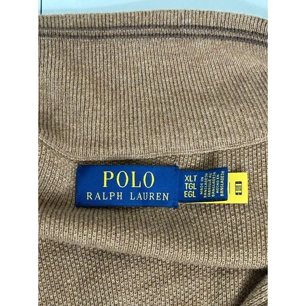 Polo Ralph Lauren Sweater Mens XLT Tan 100% Cotton 1/4 Quarter-Zip Mockneck Knit